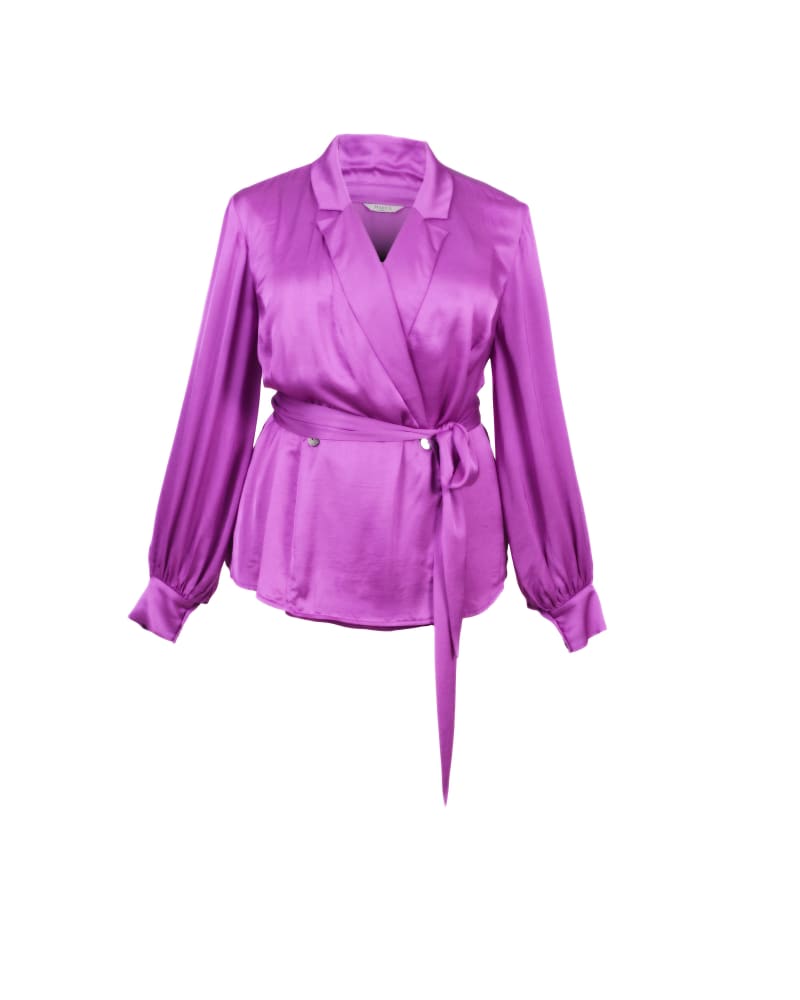 Front of a size 14 Meredith Soft Tie Blazer in Berry by MAYES NYC. | dia_product_style_image_id:250938